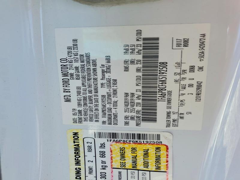 67772206 :رقم المزاد ، 1FA6P8CF6K5192508 vin ، 2019 Ford Mustang مزاد بيع