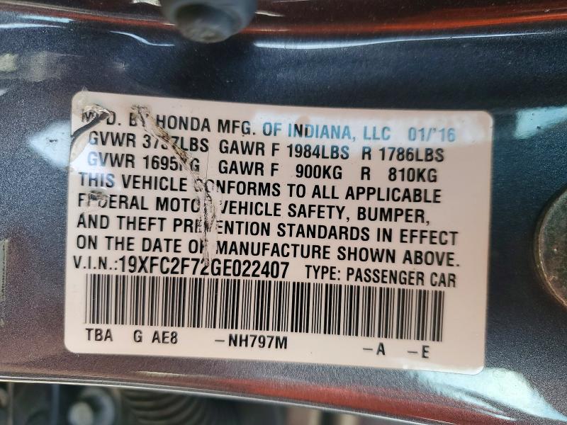 Aukcja sprzedaży 2016 Honda Civic, vin: 19XFC2F72GE022407, numer aukcji: 68824556