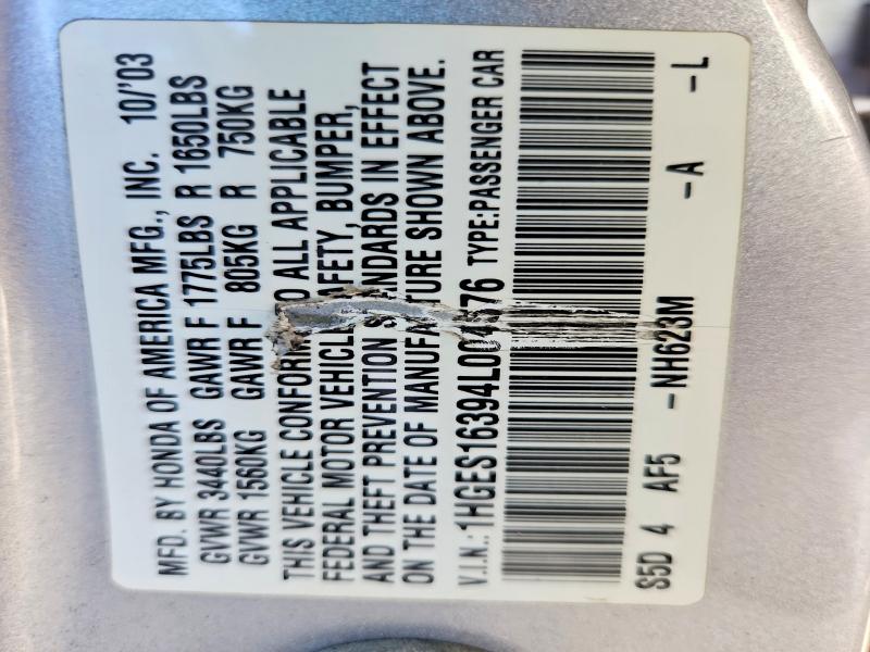 2004 Honda Civic მანქანა იყიდება აუქციონზე, vin: 1HGES16394L004576, აუქციონის ნომერი: 70561786