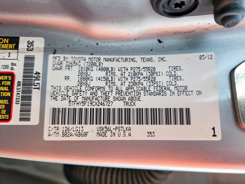 69382396 :رقم المزاد ، 5TFHY5F19CX246727 vin ، 2012 Toyota Tundra مزاد بيع