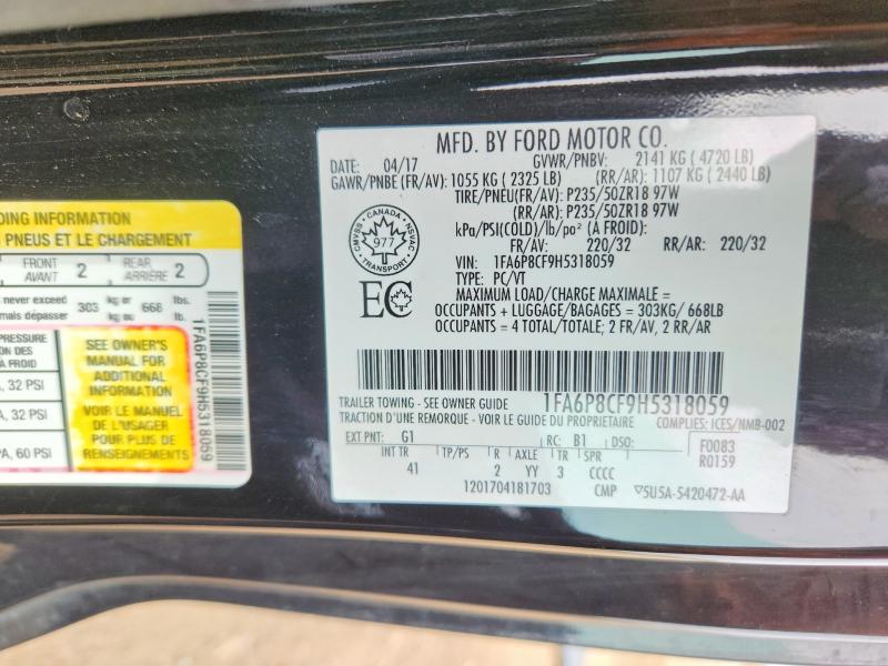 70473476 :رقم المزاد ، 1FA6P8CF9H5318059 vin ، 2017 Ford Mustang مزاد بيع