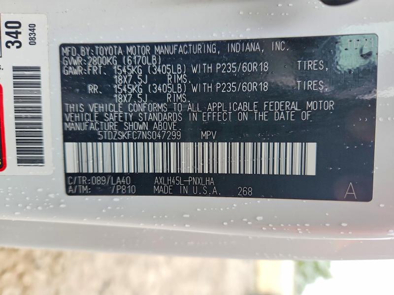 Aukcja sprzedaży 2022 Toyota Sienna, vin: 5TDZSKFC7NS047299, numer aukcji: 69870766