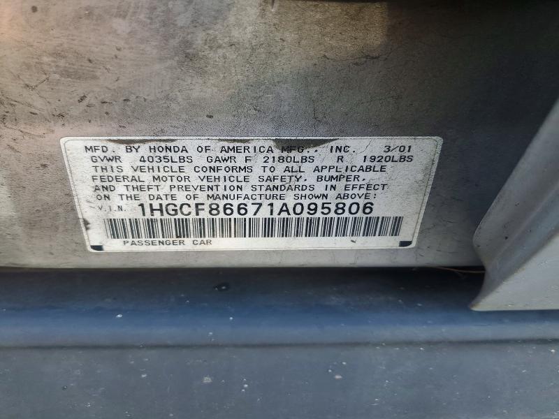2001 Honda Accord მანქანა იყიდება აუქციონზე, vin: 1HGCF86671A095806, აუქციონის ნომერი: 68992366