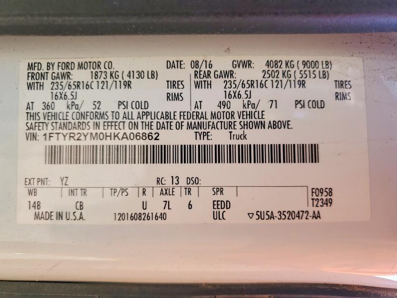 2017 Ford Transit მანქანა იყიდება აუქციონზე, vin: 1FTYR2YM0HKA06862, აუქციონის ნომერი: 70240526