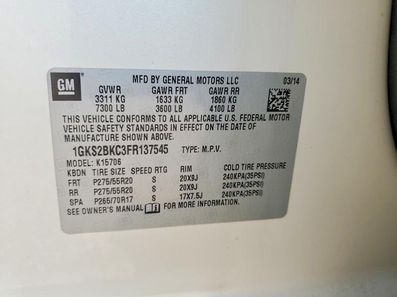 69920226 :رقم المزاد ، 1GKS2BKC3FR137545 vin ، 2015 Gmc Yukon مزاد بيع