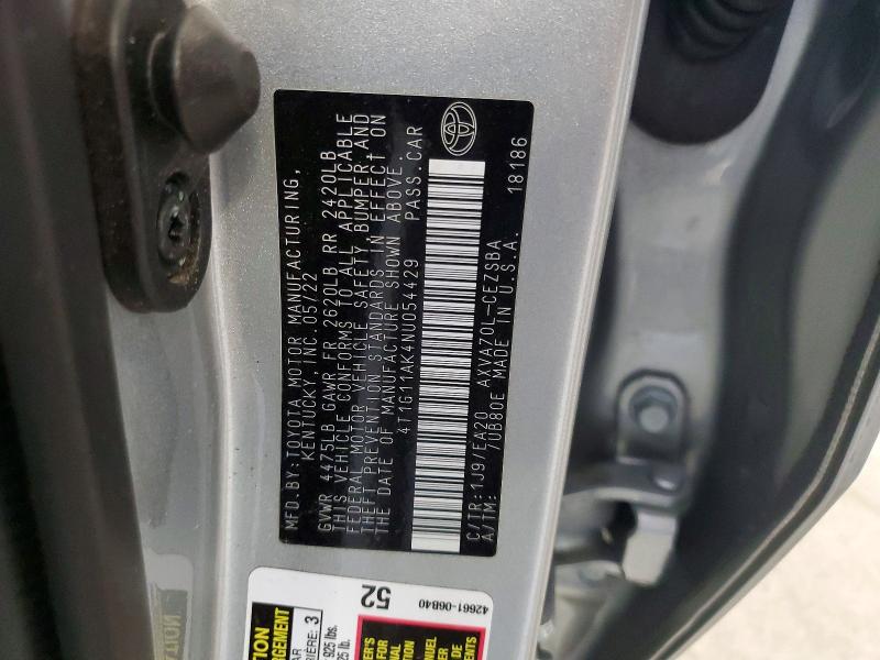 2022 Toyota Camry მანქანა იყიდება აუქციონზე, vin: 4T1G11AK4NU054429, აუქციონის ნომერი: 68502286