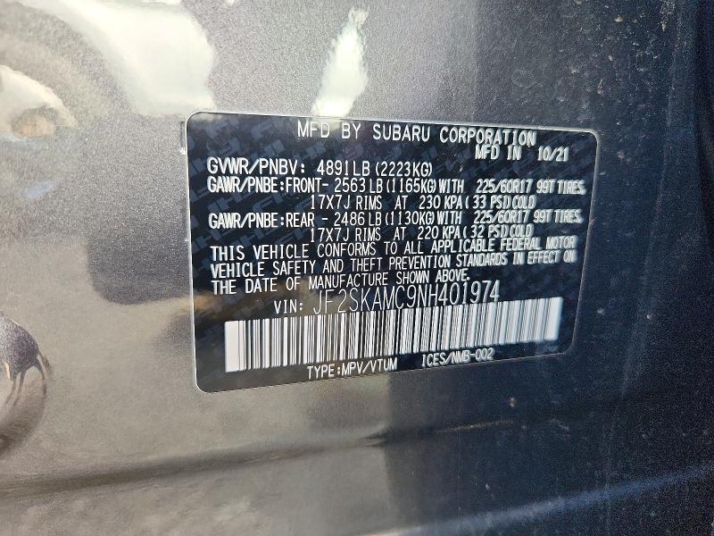 Продаж на аукціоні авто 2022 Subaru Forester, vin: JF2SKAMC9NH401974, номер лоту: 67661486