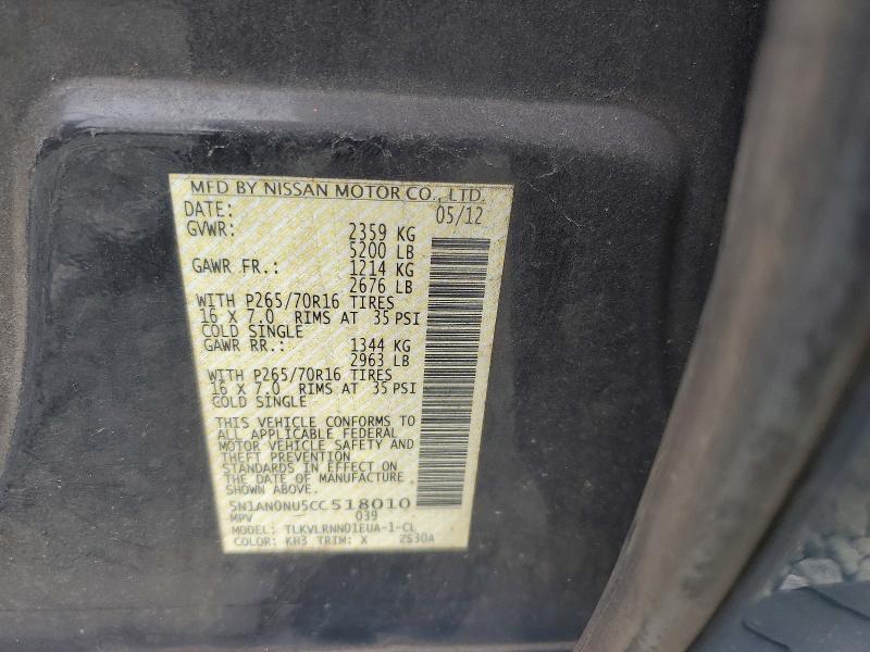 70310856 :رقم المزاد ، 5N1AN0NU5CC518010 vin ، 2012 Nissan Xterra مزاد بيع