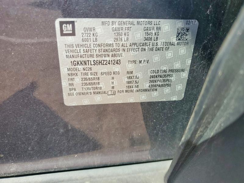 67065876 :رقم المزاد ، 1GKKNTLS6HZ241243 vin ، 2017 Gmc Acadia مزاد بيع