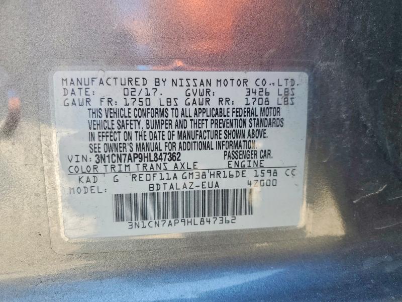 2017 Nissan Versa მანქანა იყიდება აუქციონზე, vin: 3N1CN7AP9HL847362, აუქციონის ნომერი: 67414716