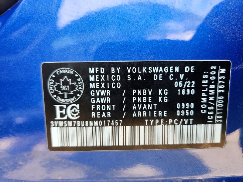 Продаж на аукціоні авто 2022 Volkswagen Jetta, vin: 3VWSM7BU8NM017457, номер лоту: 69149286