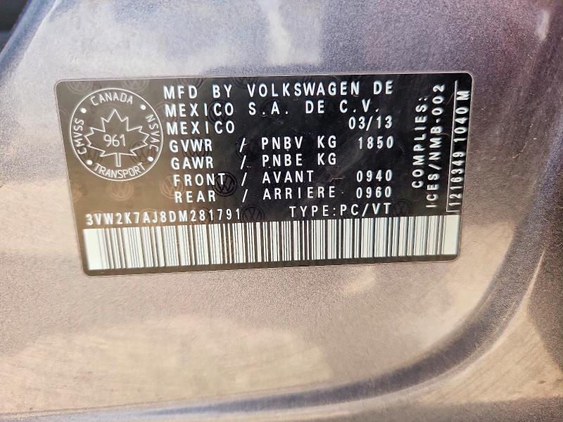 66242006 :رقم المزاد ، 3VW2K7AJ8DM281791 vin ، 2013 Volkswagen Jetta مزاد بيع