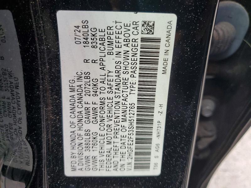 Aukcja sprzedaży 2025 Honda Civic, vin: 2HGFE2F53SH512765, numer aukcji: 66666276