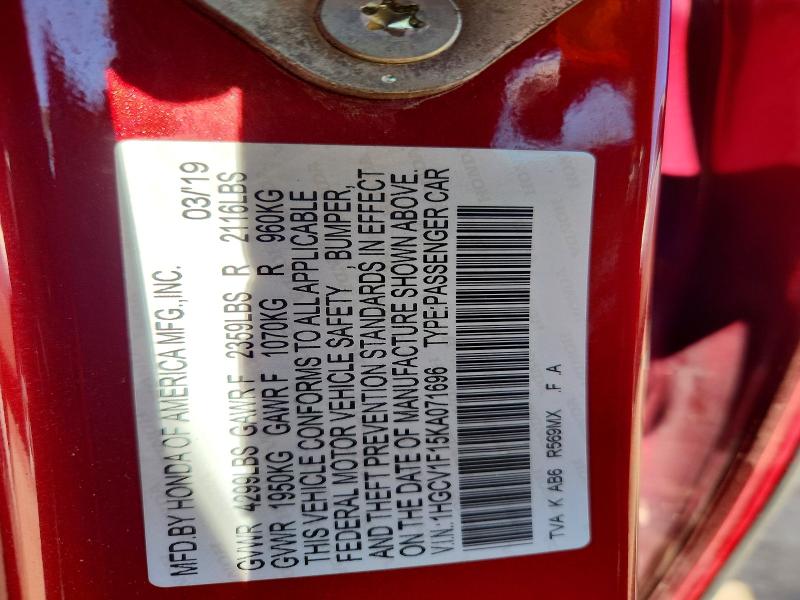 2019 Honda Accord მანქანა იყიდება აუქციონზე, vin: 1HGCV1F15KA071696, აუქციონის ნომერი: 70057956