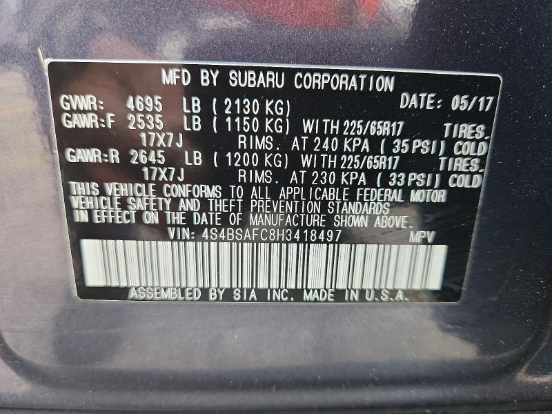 Продаж на аукціоні авто 2017 Subaru Outback, vin: 4S4BSAFC8H3418497, номер лоту: 68959266