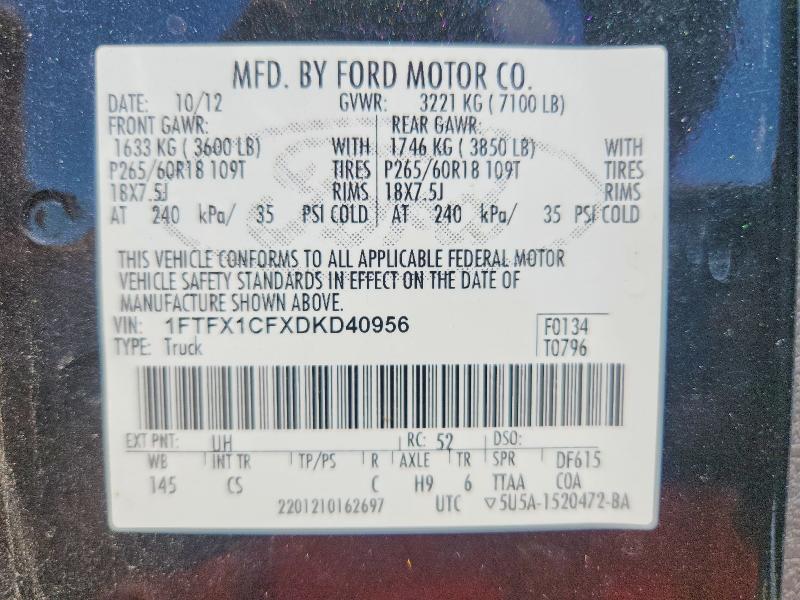 2013 Ford F150 მანქანა იყიდება აუქციონზე, vin: 1FTFX1CFXDKD40956, აუქციონის ნომერი: 68294846