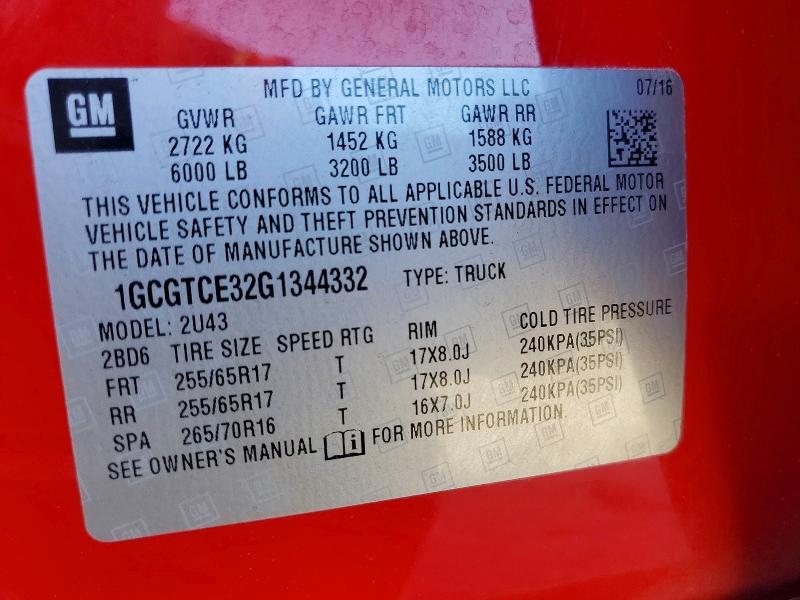 Aukcja sprzedaży 2016 Chevrolet Colorado, vin: 1GCGTCE32G1344332, numer aukcji: 69809336