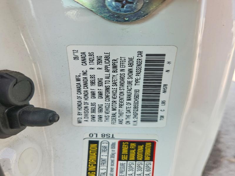 69309166 :رقم المزاد ، 2HGFG3B55CH560193 vin ، 2012 Honda Civic مزاد بيع