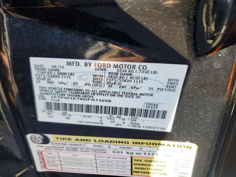 70013856 :رقم المزاد ، 1FTFW1ET8DFA13258 vin ، 2013 Ford F150 مزاد بيع