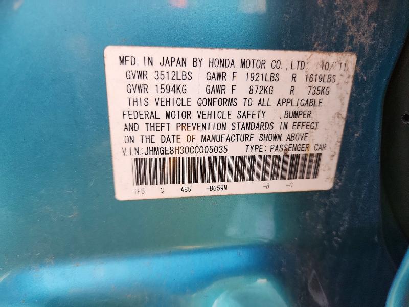 67779426 :رقم المزاد ، JHMGE8H30CC005035 vin ، 2012 Honda Fit مزاد بيع