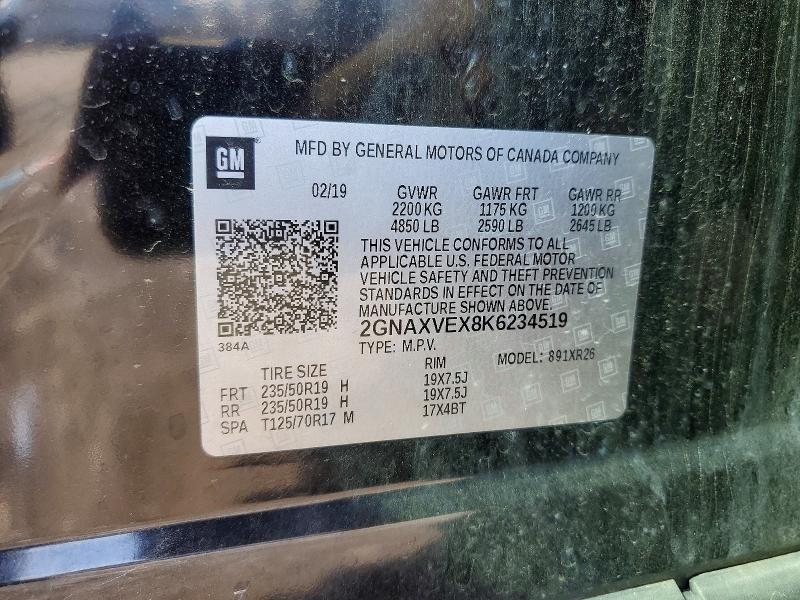 68082476 :رقم المزاد ، 2GNAXVEX8K6234519 vin ، 2019 Chevrolet Equinox مزاد بيع