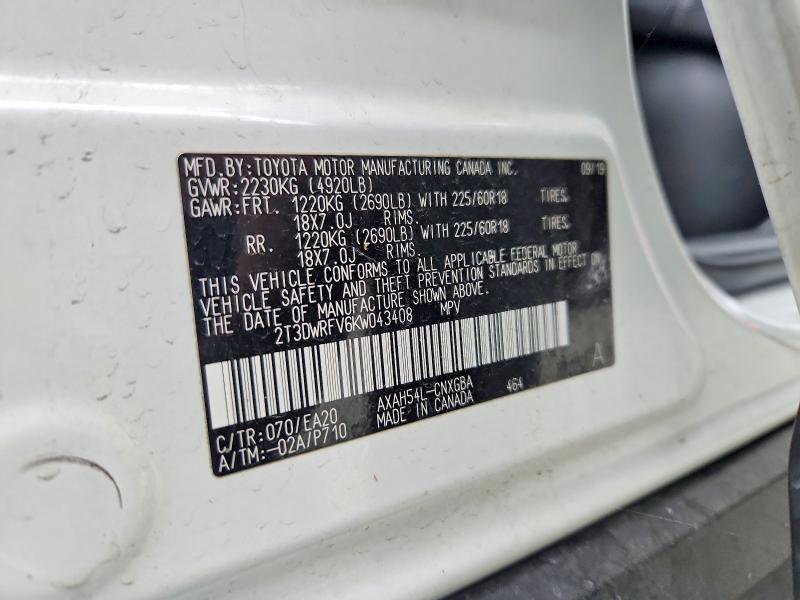 69814386 :رقم المزاد ، 2T3DWRFV6KW043408 vin ، 2019 Toyota Rav4 مزاد بيع