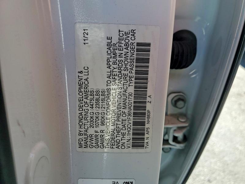 Aukcja sprzedaży 2022 Honda Accord, vin: 1HGCV1F36NA001730, numer aukcji: 68956326