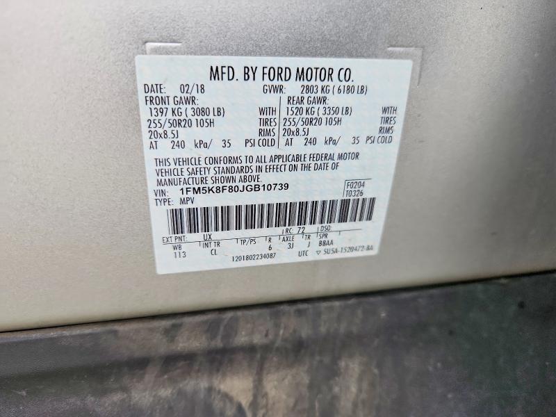 68656706 :رقم المزاد ، 1FM5K8F80JGB10739 vin ، 2018 Ford Explorer مزاد بيع