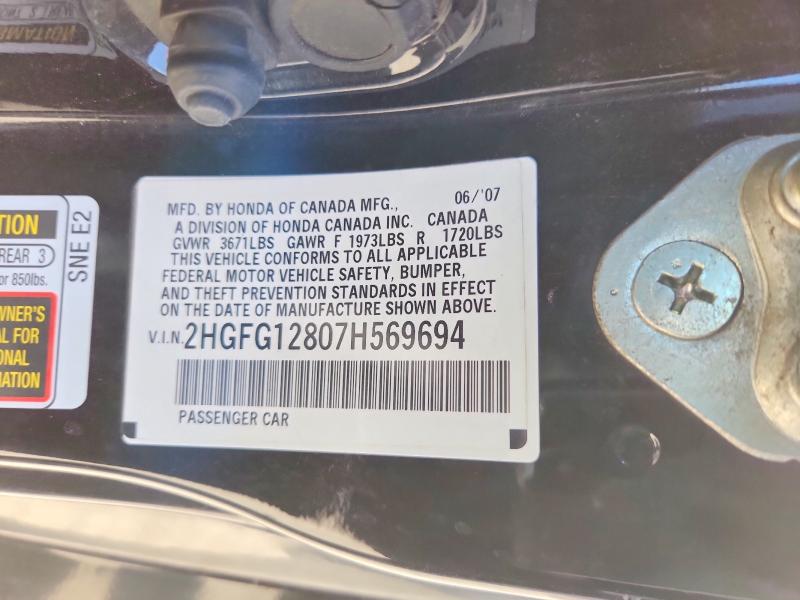 2007 Honda Civic მანქანა იყიდება აუქციონზე, vin: 2HGFG12807H569694, აუქციონის ნომერი: 70344656