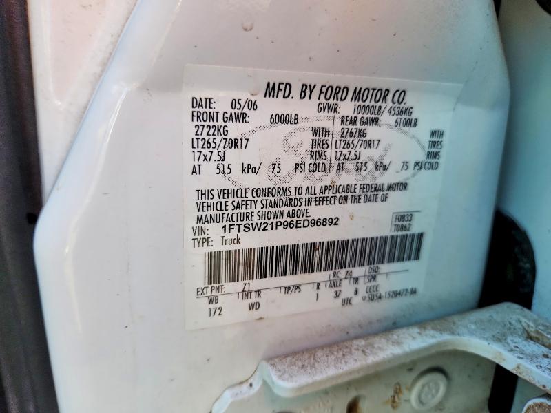 2006 Ford F250 მანქანა იყიდება აუქციონზე, vin: 1FTSW21P96ED96892, აუქციონის ნომერი: 67986206