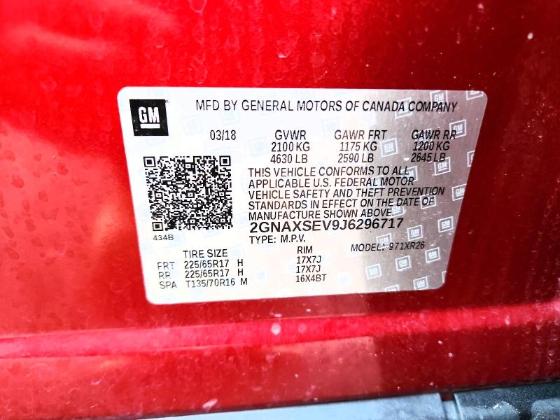 2018 Chevrolet Equinox მანქანა იყიდება აუქციონზე, vin: 2GNAXSEV9J6296717, აუქციონის ნომერი: 68925956