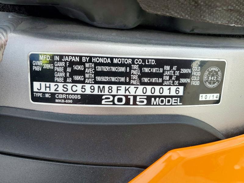 68797916 :رقم المزاد ، JH2SC59M8FK700016 vin ، 2015 Honda Cbr1000 مزاد بيع