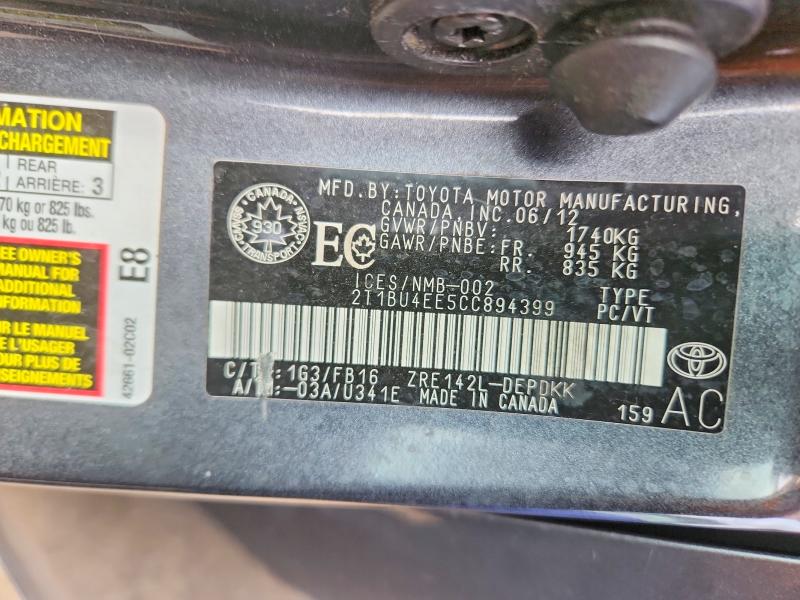 2012 Toyota Corolla მანქანა იყიდება აუქციონზე, vin: 2T1BU4EE5CC894399, აუქციონის ნომერი: 66919746