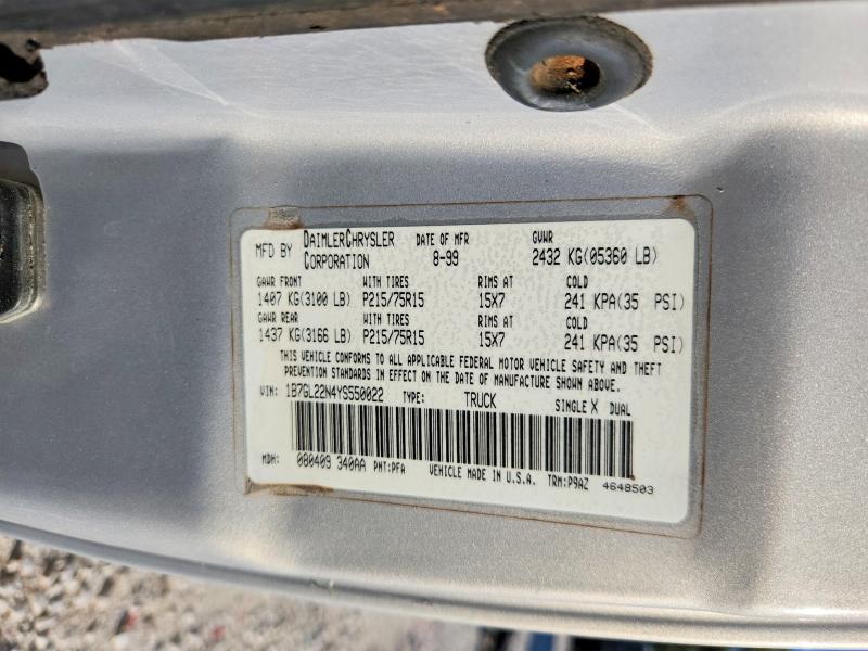 2000 Dodge Dakota მანქანა იყიდება აუქციონზე, vin: 1B7GL22N4YS550022, აუქციონის ნომერი: 68769576