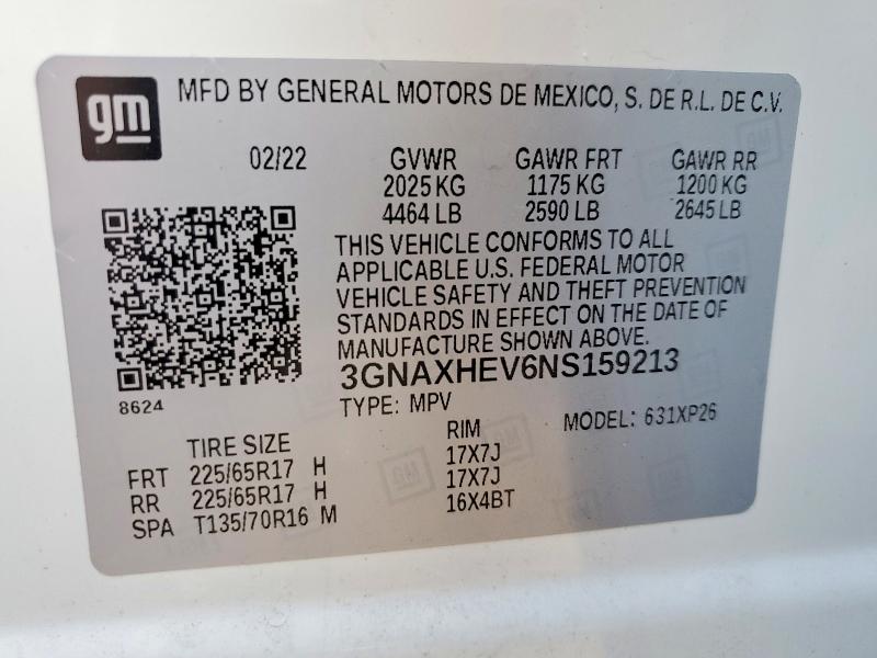 Продажа на аукционе авто 2022 Chevrolet Equinox, vin: 3GNAXHEV6NS159213, номер лота: 67983696
