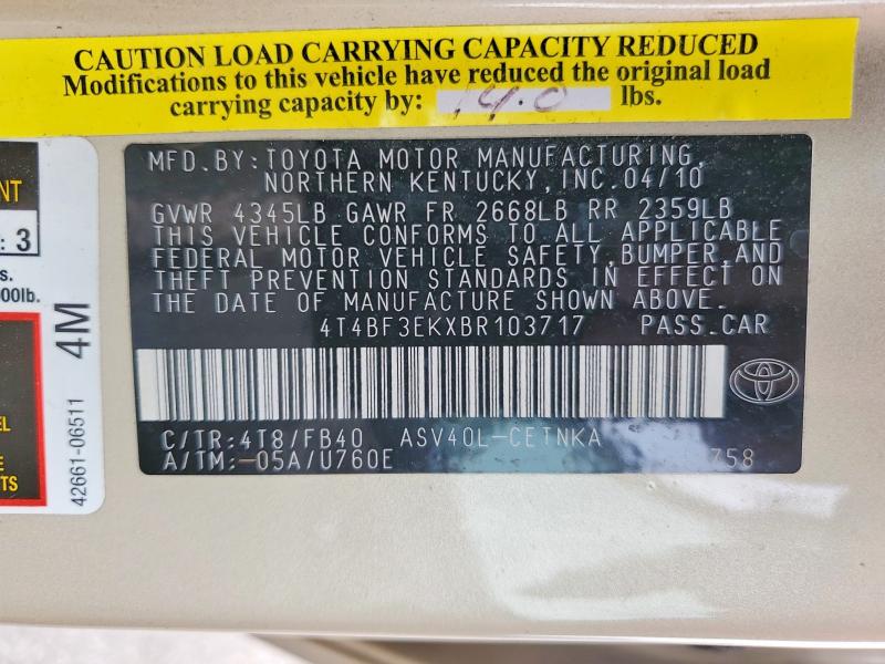 Продаж на аукціоні авто 2011 Toyota Camry, vin: 4T4BF3EKXBR103717, номер лоту: 70497506
