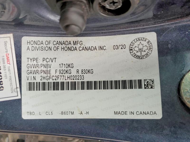 2020 Honda Civic მანქანა იყიდება აუქციონზე, vin: 2HGFC2F77LH020233, აუქციონის ნომერი: 67860786