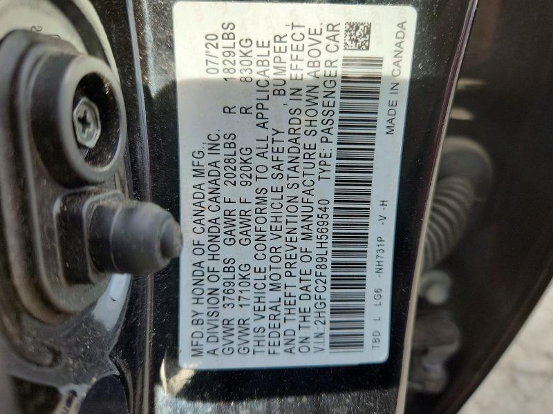2020 Honda Civic მანქანა იყიდება აუქციონზე, vin: 2HGFC2F89LH569540, აუქციონის ნომერი: 70295586