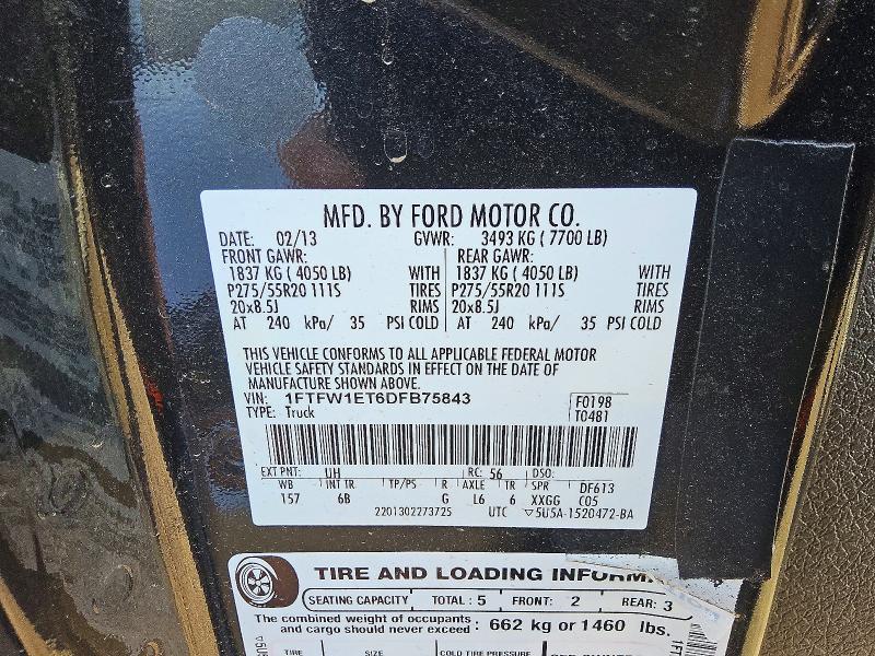 67335496 :رقم المزاد ، 1FTFW1ET6DFB75843 vin ، 2013 Ford F150 مزاد بيع