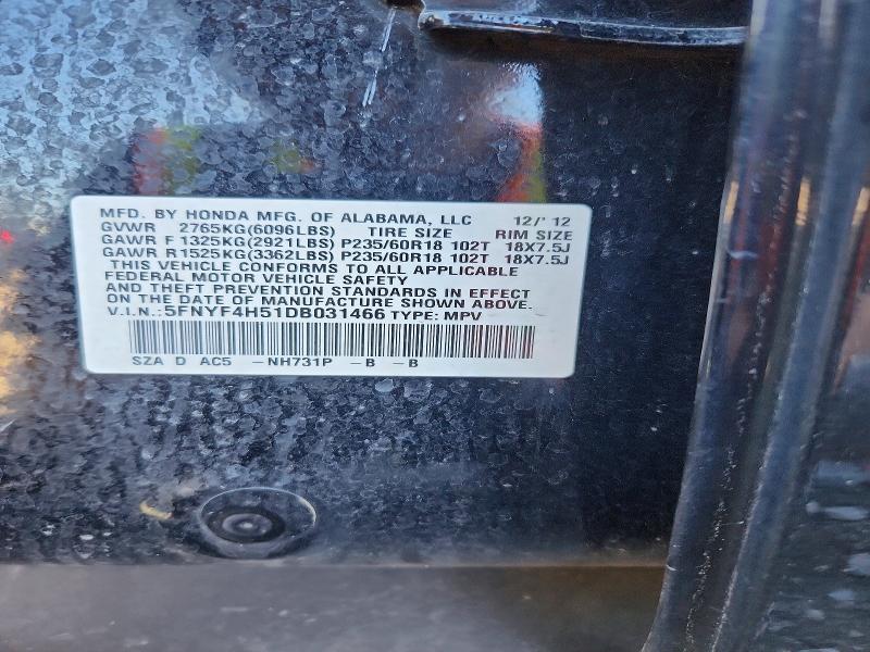 70476156 :رقم المزاد ، 5FNYF4H51DB031466 vin ، 2013 Honda Pilot مزاد بيع
