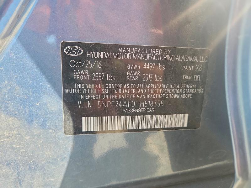 2017 Hyundai Sonata მანქანა იყიდება აუქციონზე, vin: 5NPE24AF0HH518358, აუქციონის ნომერი: 70536396