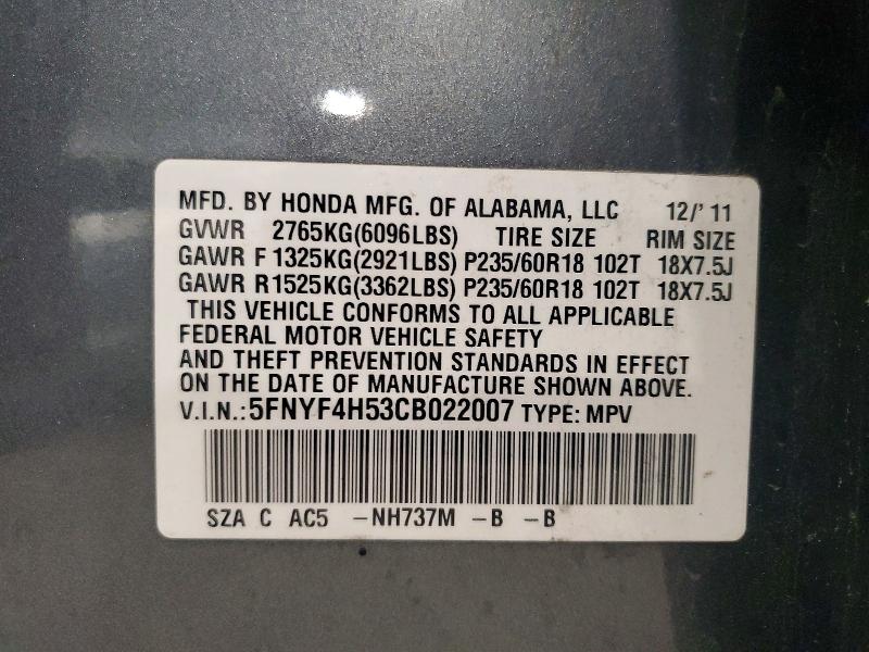 2012 Honda Pilot მანქანა იყიდება აუქციონზე, vin: 5FNYF4H53CB022007, აუქციონის ნომერი: 67734506