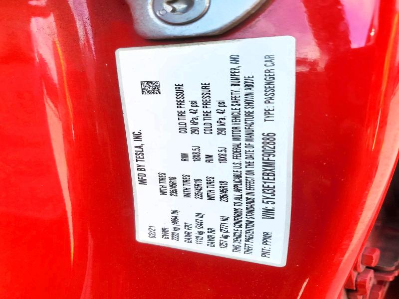 Продаж на аукціоні авто 2021 Tesla Model 3, vin: 5YJ3E1EBXMF902886, номер лоту: 70267186