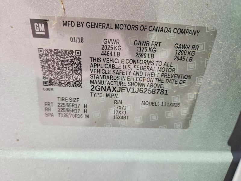 2018 Chevrolet Equinox მანქანა იყიდება აუქციონზე, vin: 2GNAXJEV1J6258781, აუქციონის ნომერი: 70646766