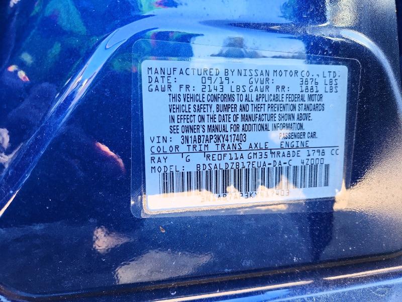 Продажа на аукционе авто 2019 Nissan Sentra, vin: 3N1AB7AP3KY417403, номер лота: 65963856