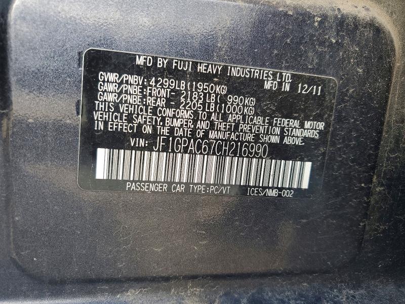 66148406 :رقم المزاد ، JF1GPAC67CH216990 vin ، 2012 Subaru Impreza مزاد بيع