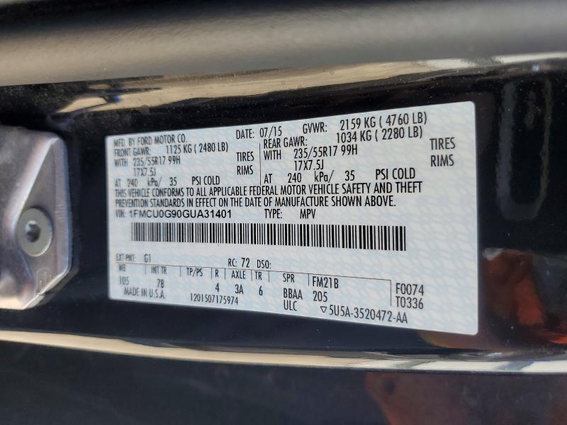2016 Ford Escape მანქანა იყიდება აუქციონზე, vin: 1FMCU0G90GUA31401, აუქციონის ნომერი: 68880256