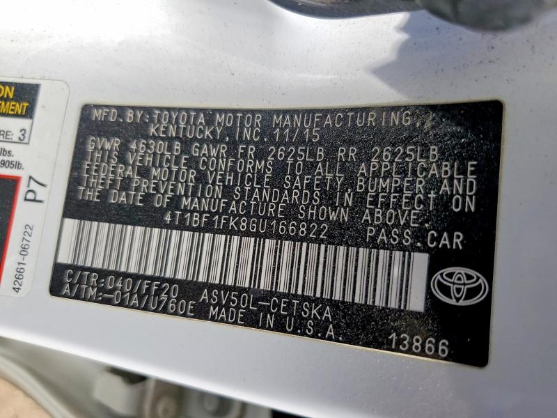 2016 Toyota Camry მანქანა იყიდება აუქციონზე, vin: 4T1BF1FK8GU166822, აუქციონის ნომერი: 69560956