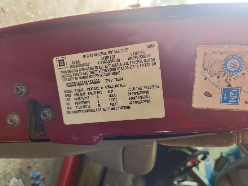 70786796 :رقم المزاد ، 1GCCS14531K154856 vin ، 2001 Chevrolet S Truck مزاد بيع