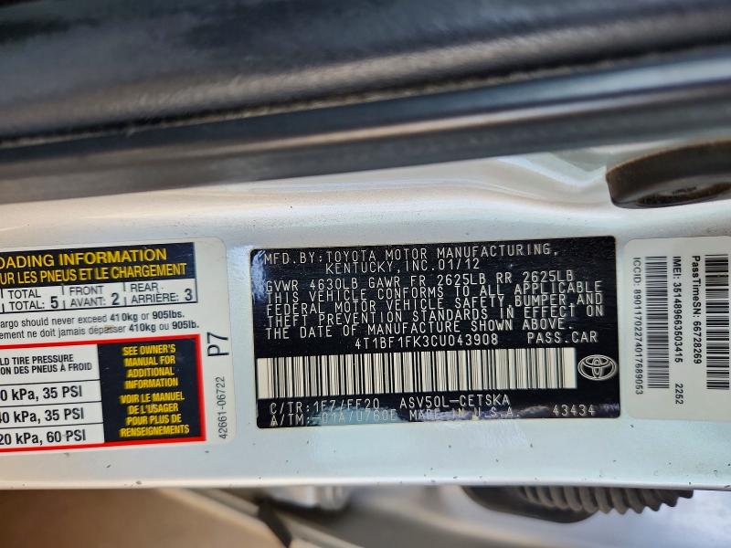 Продажа на аукционе авто 2012 Toyota Camry, vin: 4T1BF1FK3CU043908, номер лота: 69815686
